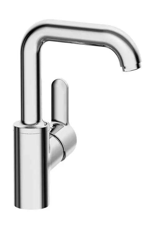 Einhebelmischer mit klaren Linien und Hochglanz-Oberfläche von HANSA, geeignet für Waschtische, ausgestattet mit einem Hebel zur Wassersteuerung.